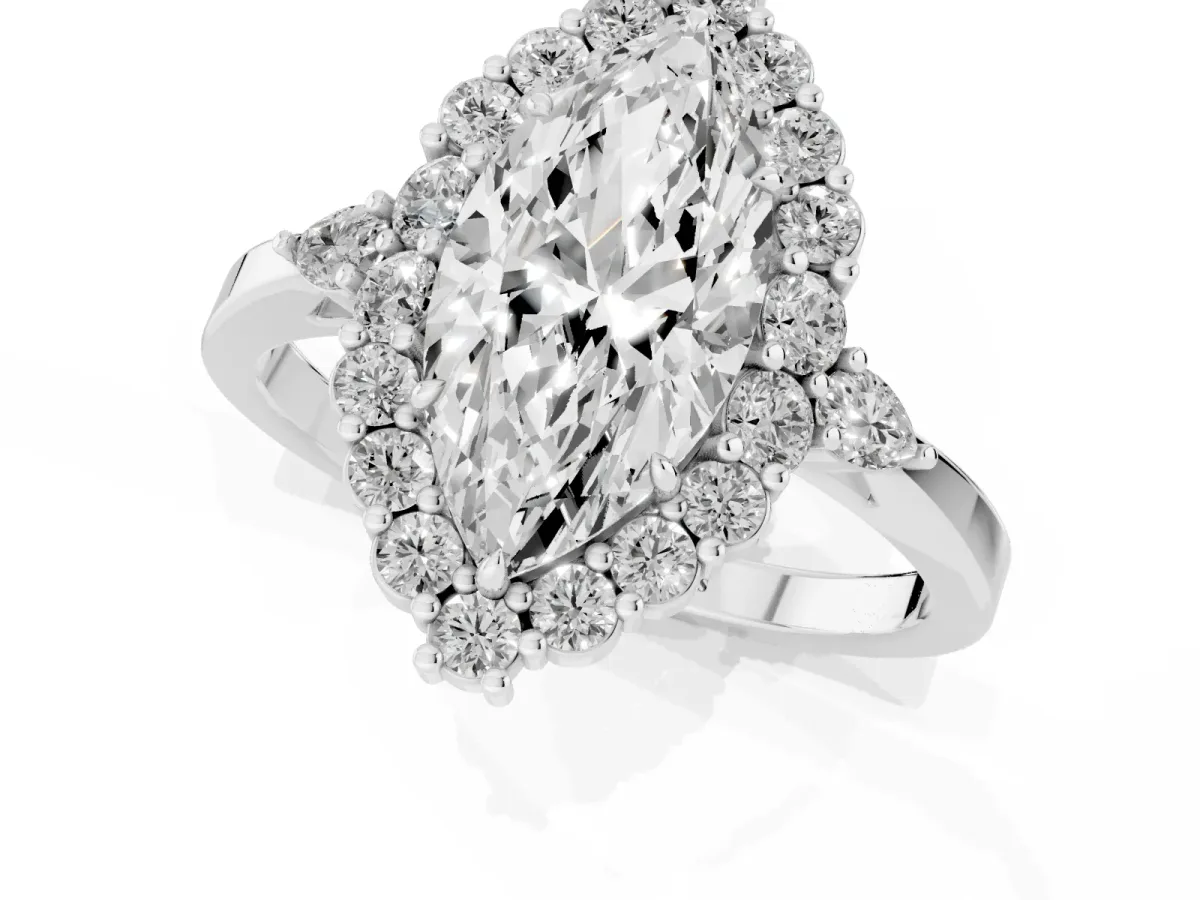 Marquise Cut Diamond Halo Ring with Pear Side Stones and Prong Setting Silver