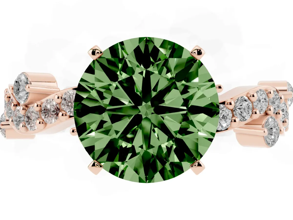 Fancy Green Round Cut Cut Solitaire Diamond Twisted Band with Pave Setting Rose gold
