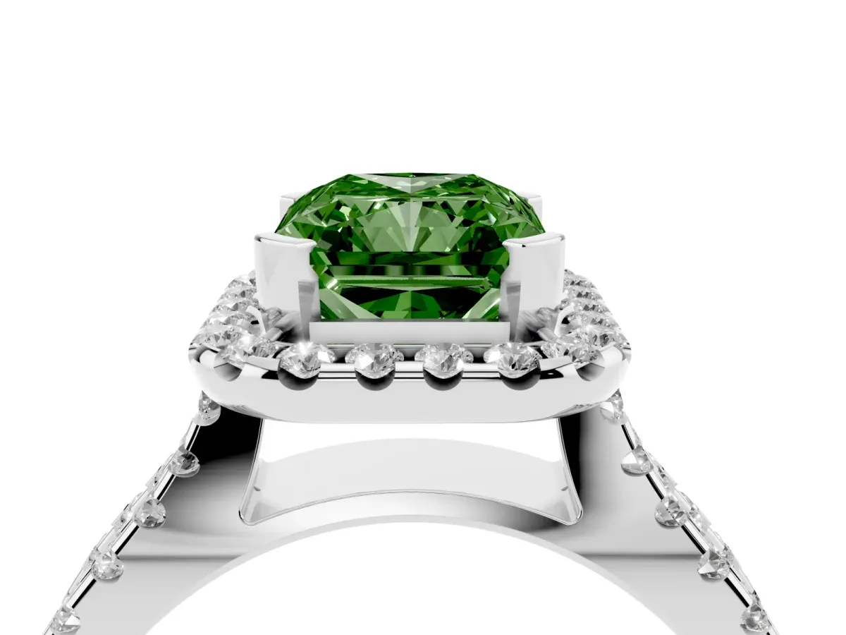 Fancy Green Radiant Cut Diamond Halo Ring with Split Shank Pavé Band and Prong Setting Silver