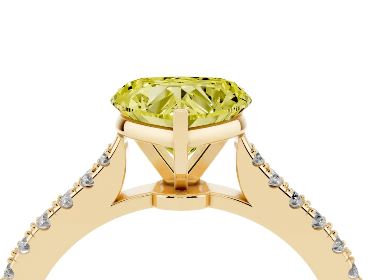 Fancy Yellow Heart Cut Cut Solitaire Diamond Engagement Ring with Pave Band and Four-Prong Setting Yellow gold