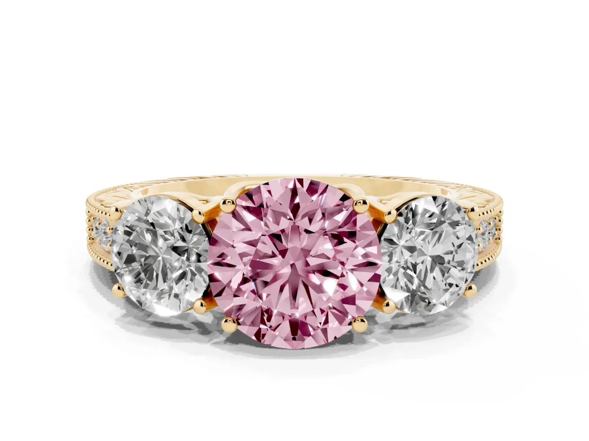 Fancy Pink Three-Stone Round Cut Cut Milgrain Pavé Engagement Ring Yellow gold