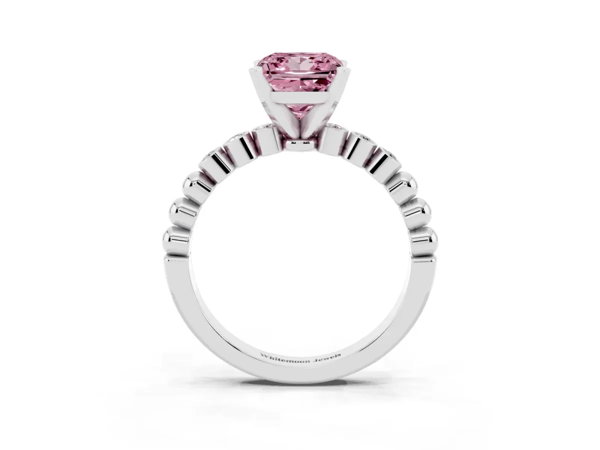Fancy Pink Princess Cut Solitaire Bezel Accent Diamond Engagement Ring with Beaded Band and Four-Prong Setting Silver