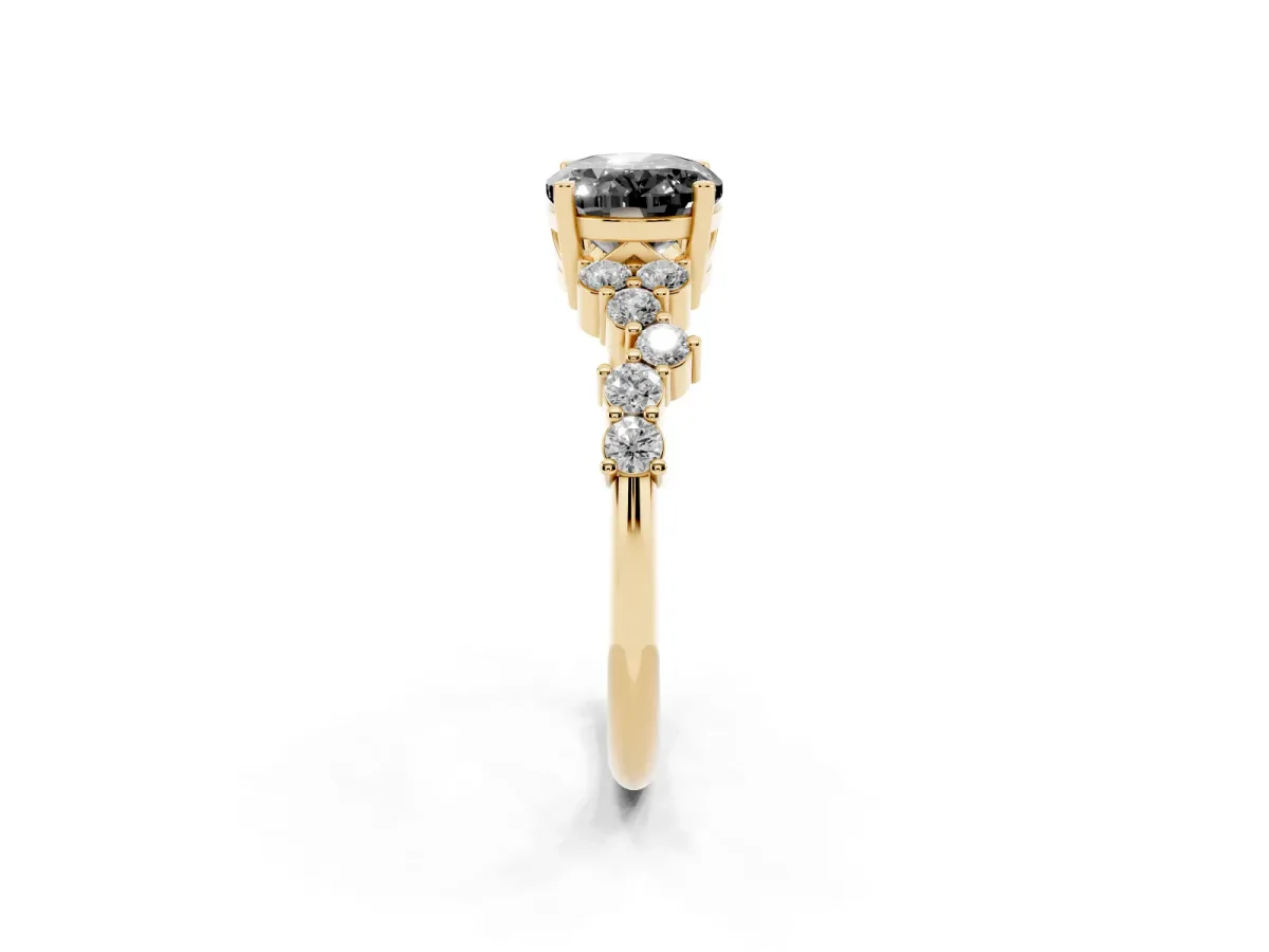 Fancy Black Oval Cut Diamond Scattered Round Accent Ring with Prong Setting Yellow gold