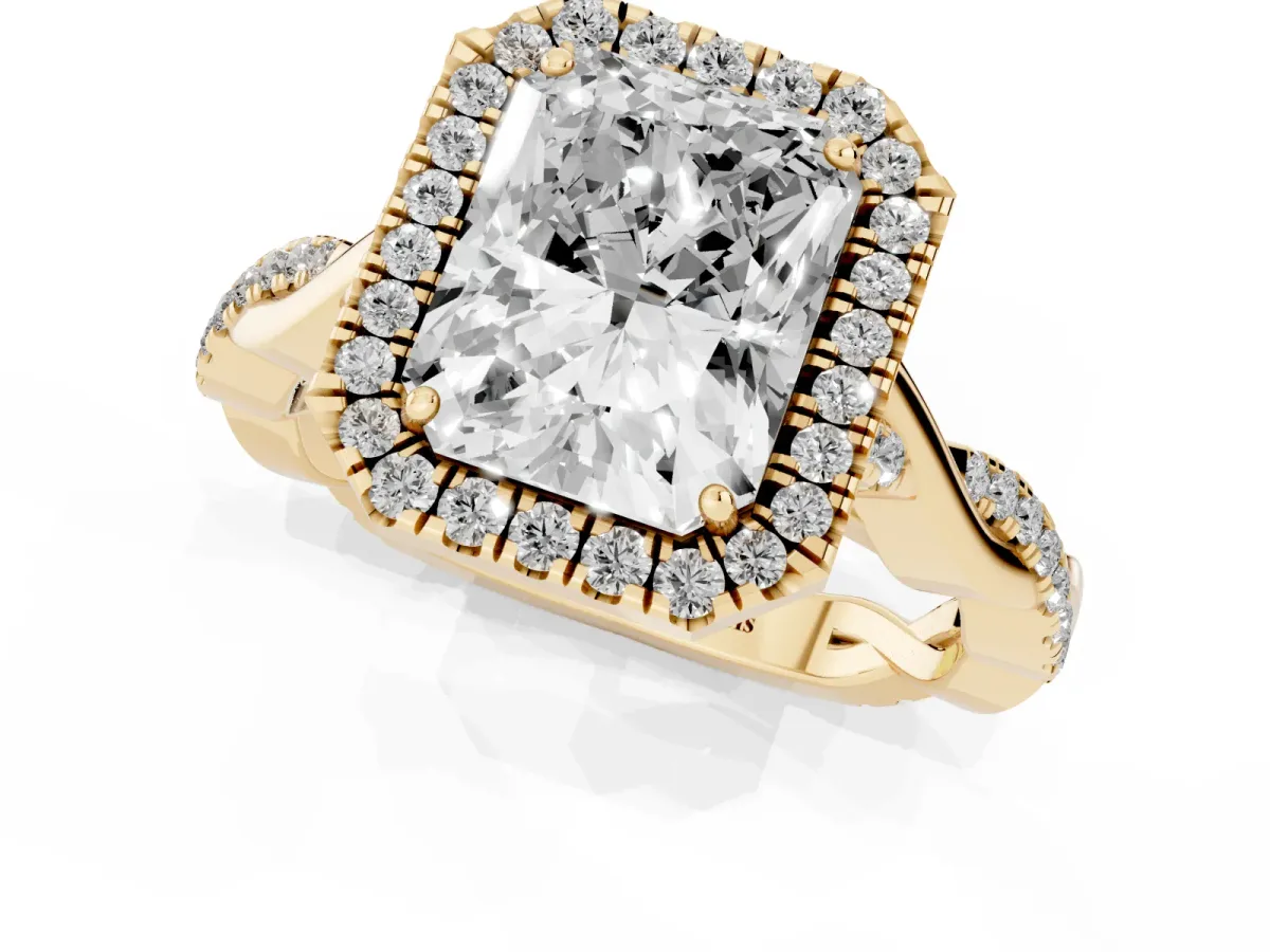 Radiant Cut Halo Twist Band Solitaire Ring Yellow gold
