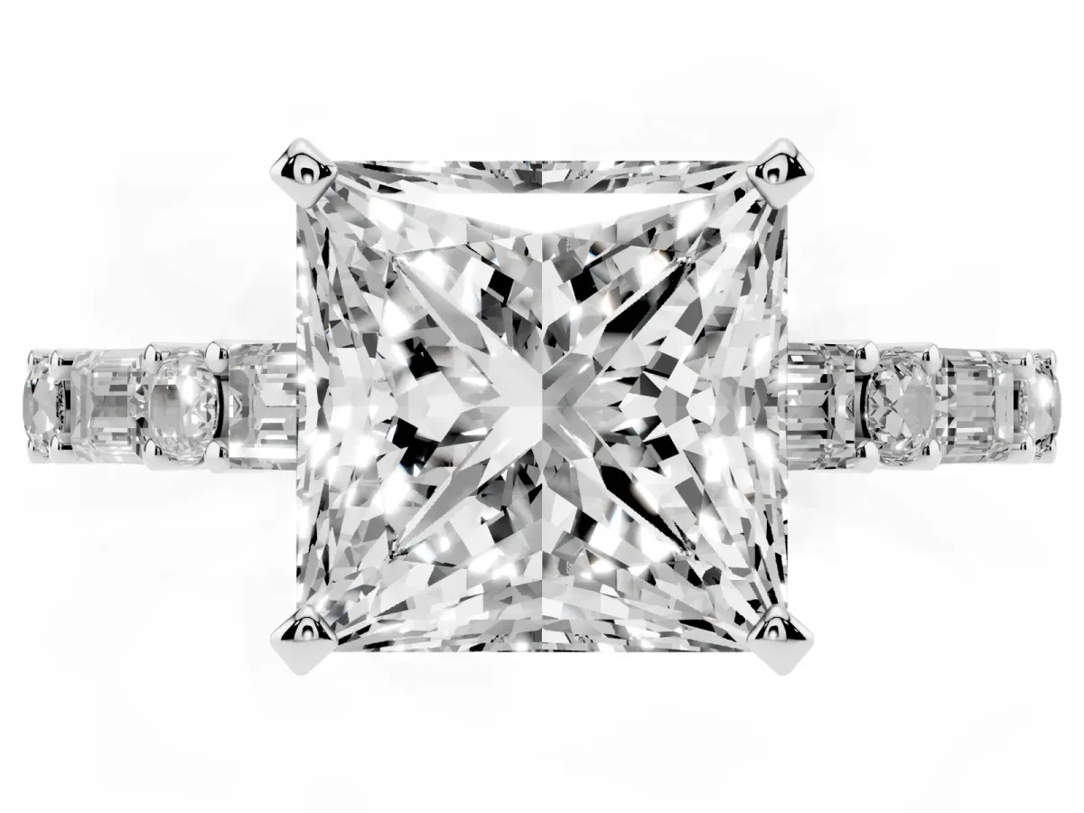 Princess Cut Diamond Solitaire with Side Baguettes and Channel Set Band Silver