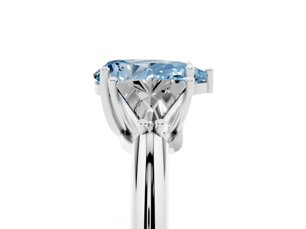 Fancy Blue Three-Stone Pear Cut Diamond Engagement Ring with Trillion Side Stones and Prong Setting Silver