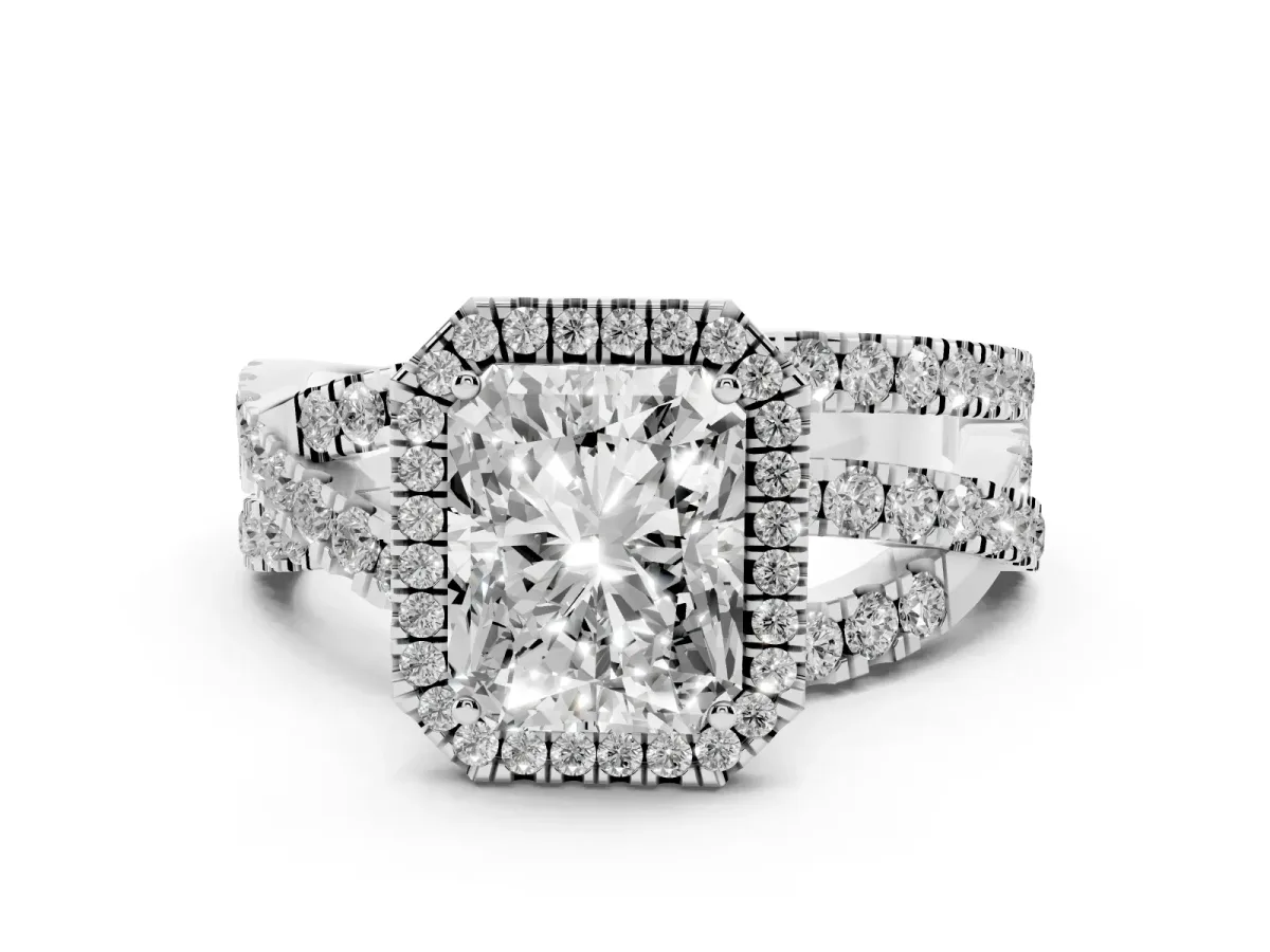 Radiant Cut Diamond Halo Ring with Round Split Shank and Prong Setting Silver