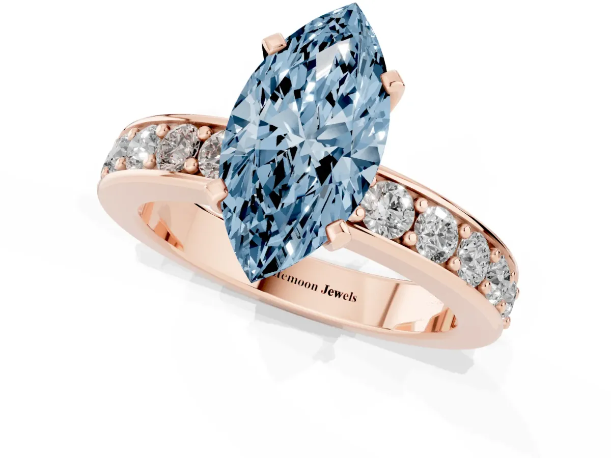 Fancy Blue Marquise Cut Diamond Engagement Ring with Channel Set Round Band and Prong Setting Rose gold