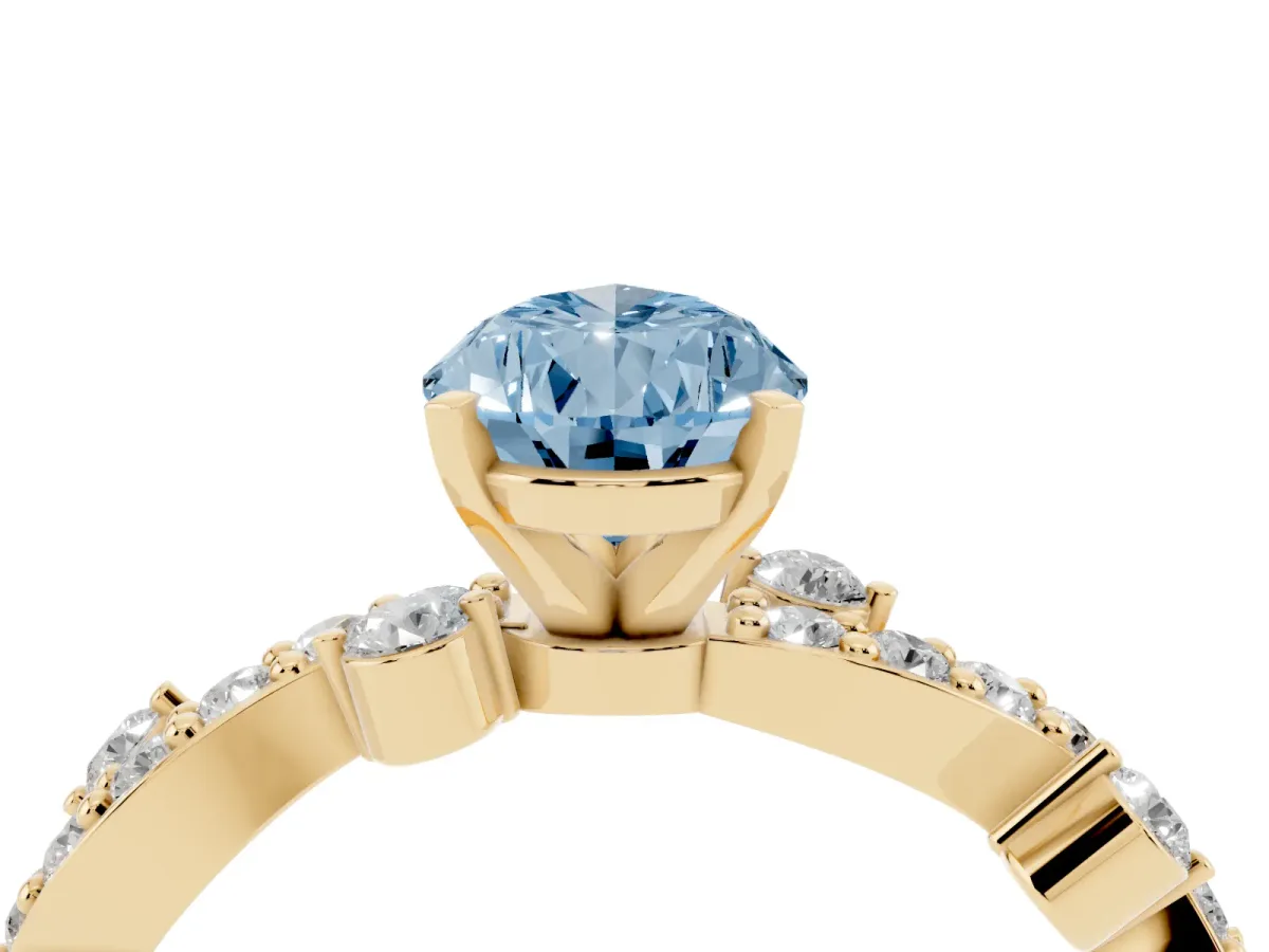 Fancy Blue Pear Cut Cut Solitaire Diamond Twisted Band with Pave Setting Yellow gold