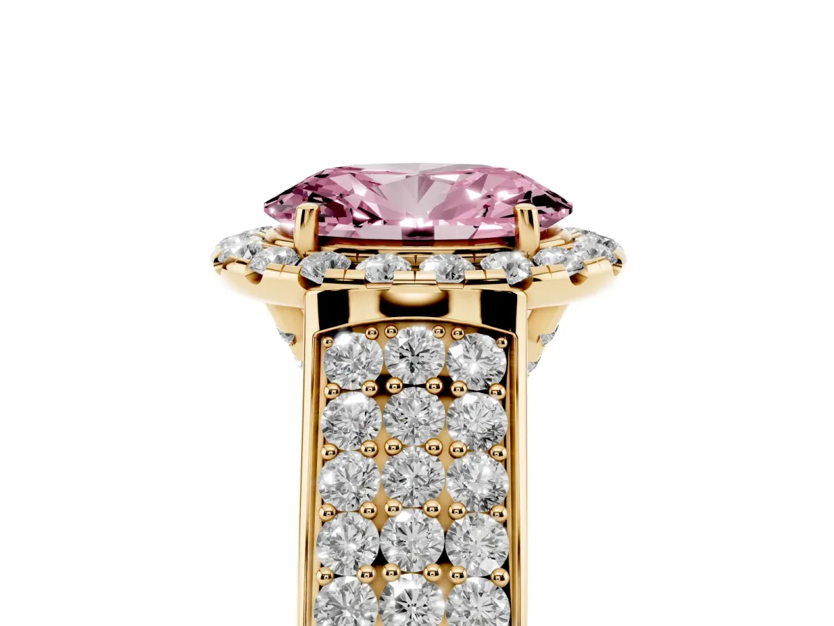 Fancy Pink Oval Cut Halo Round Diamond Pave Band with Prong Setting Yellow gold