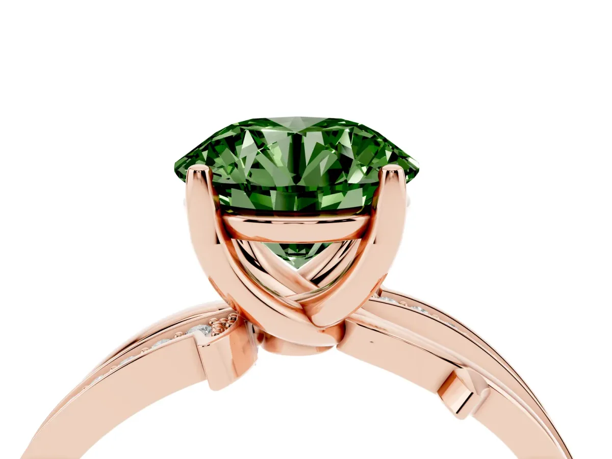 Fancy Green Round Cut Solitaire Twist Band with Pavé Accents and Four-Prong Setting Rose gold