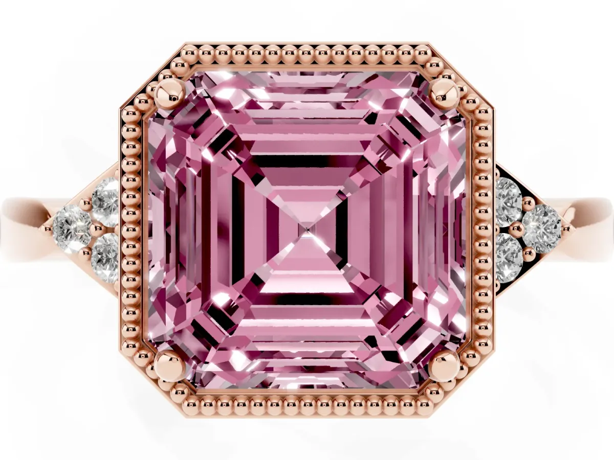 Fancy Pink Milgrain Asscher Cut Cut Diamond Ring with Tapered Pave Band and Four Prong Setting Rose gold
