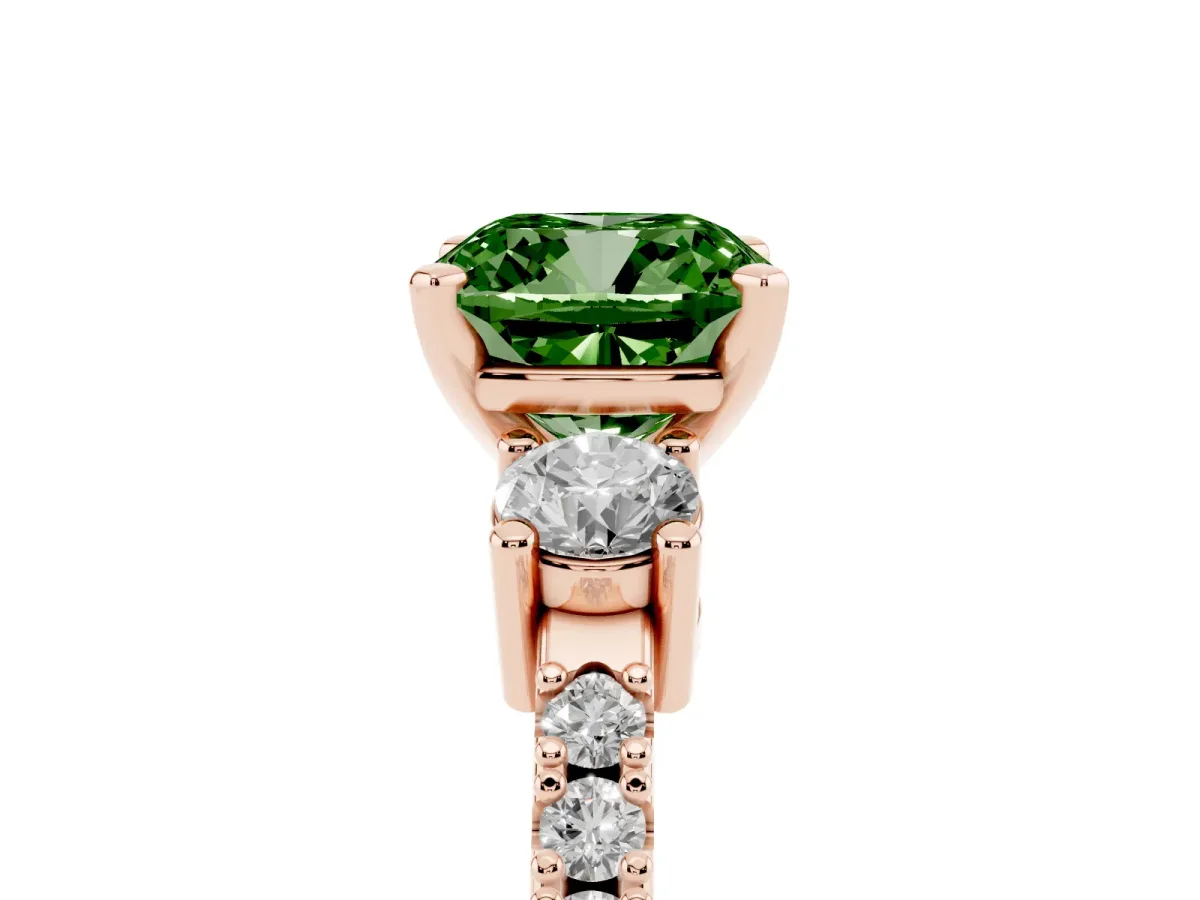 Fancy Green Cushion Cut Three-Stone Diamond Pavé Band with Prong Setting Rose gold