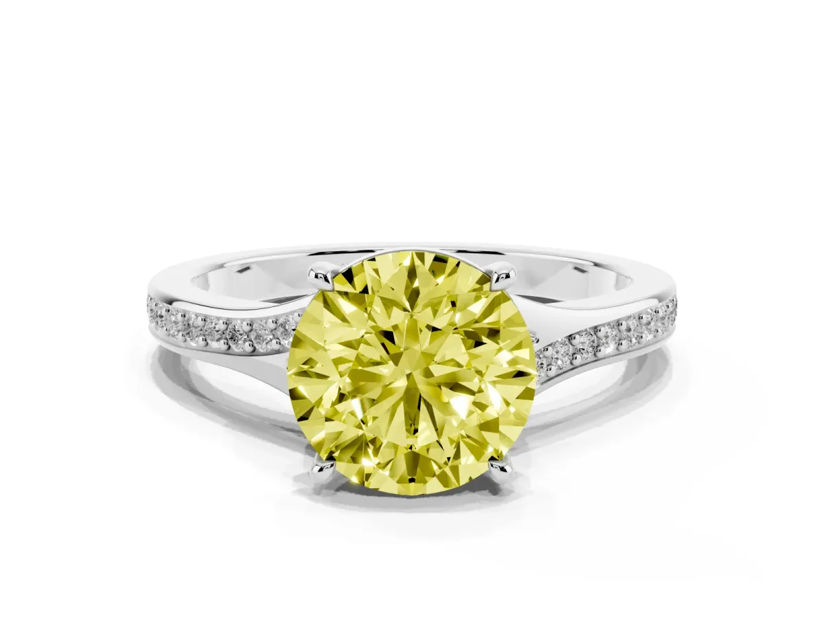 Fancy Yellow Round Cut Diamond Solitaire Ring with Pavé Band and Prong Setting Silver