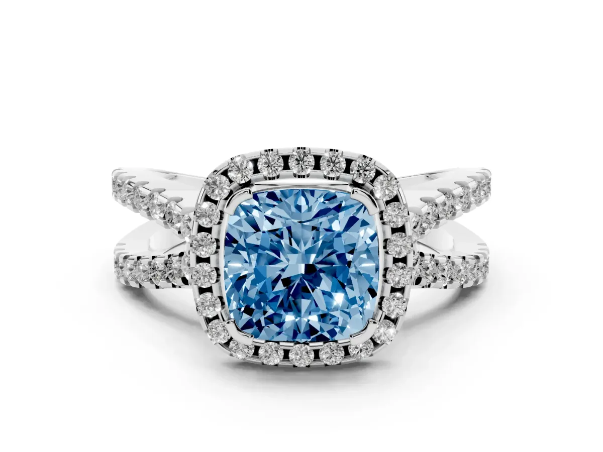 Fancy Blue Cushion Cut Diamond Halo Ring with Split Shank Pavé Band and Prong Setting Silver