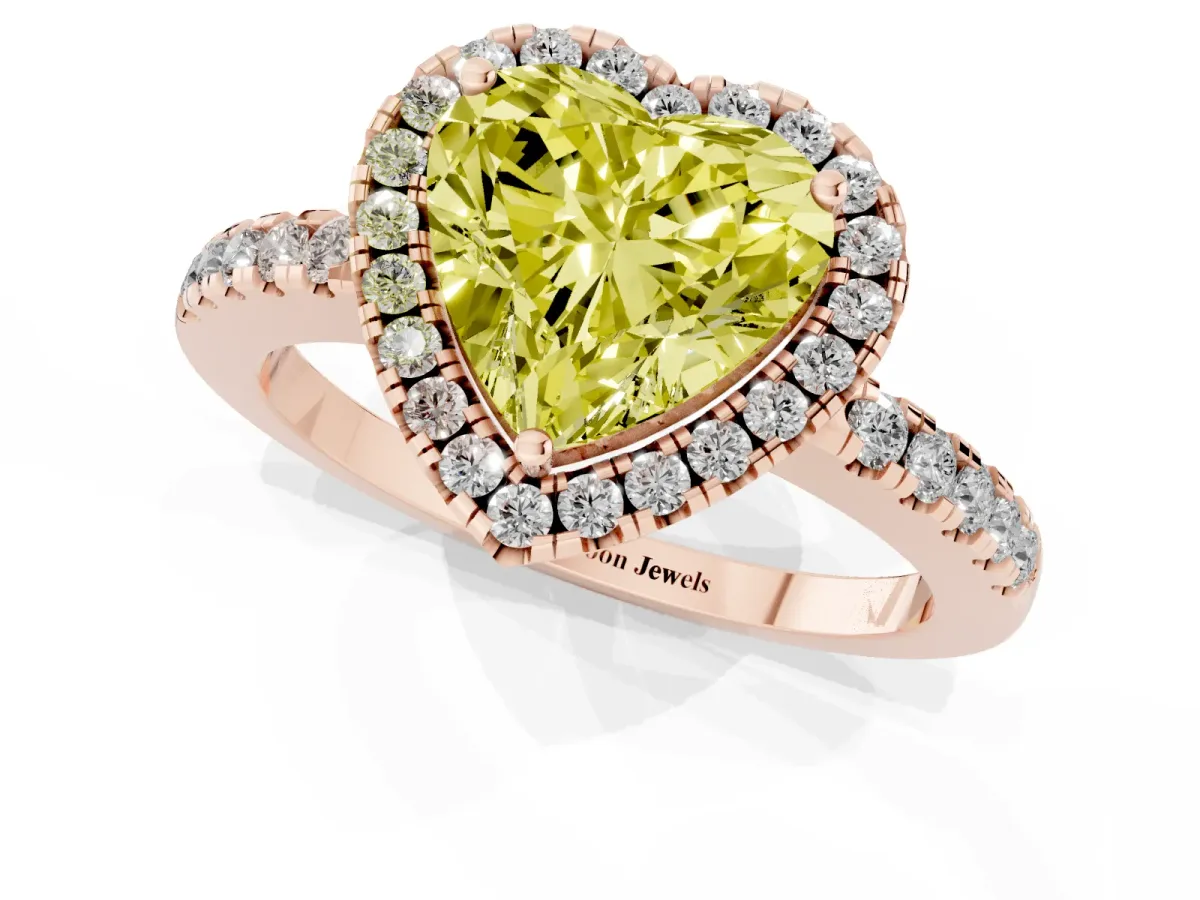 Fancy Yellow Heart Cut Halo Diamond Engagement Ring with Pavé Band and Four-Prong Setting Rose gold