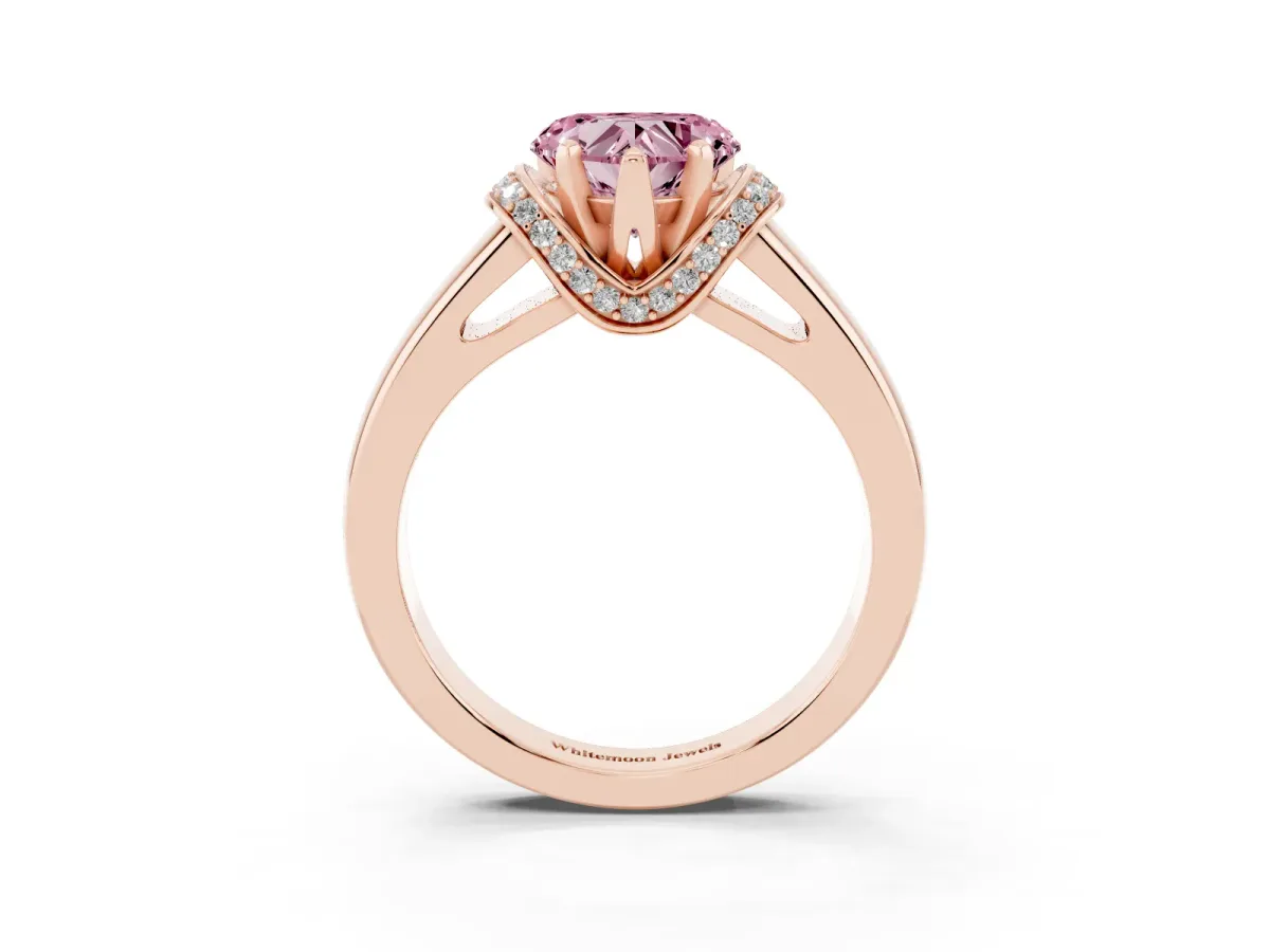 Fancy Pink Heart Cut Solitaire Diamond Ring with Pave Band and Six-Prong Setting Rose gold