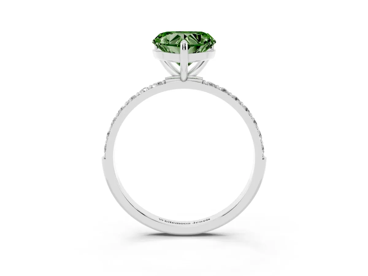 Fancy Green Heart Cut Diamond Solitaire Ring with Round Pavé Band and Prong Setting Platinum