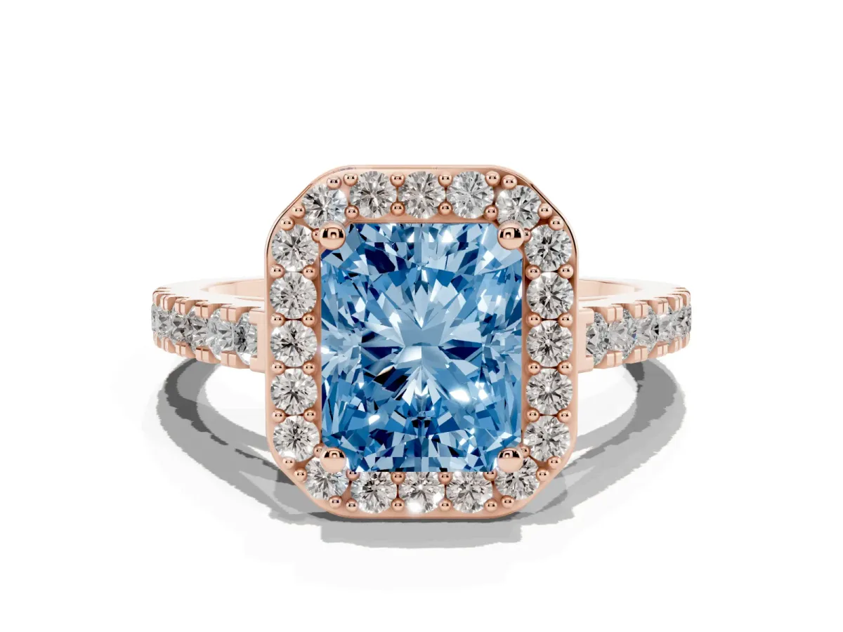 Fancy Blue Radiant Cut Diamond Halo Ring with Round Pavé Split Shank and Prong Setting Rose gold