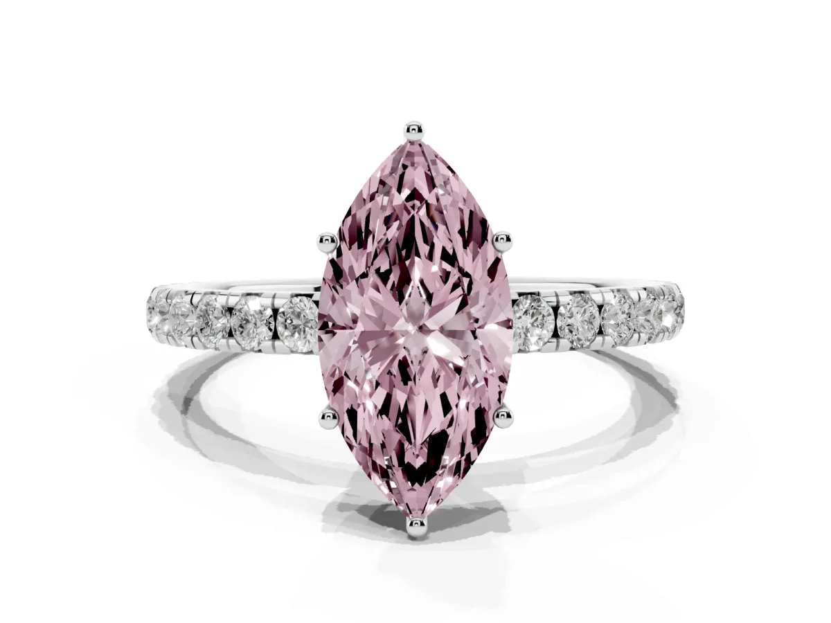 Fancy Pink Marquise Cut Diamond Pavé Solitaire Engagement Ring with Four-Prong Setting Silver
