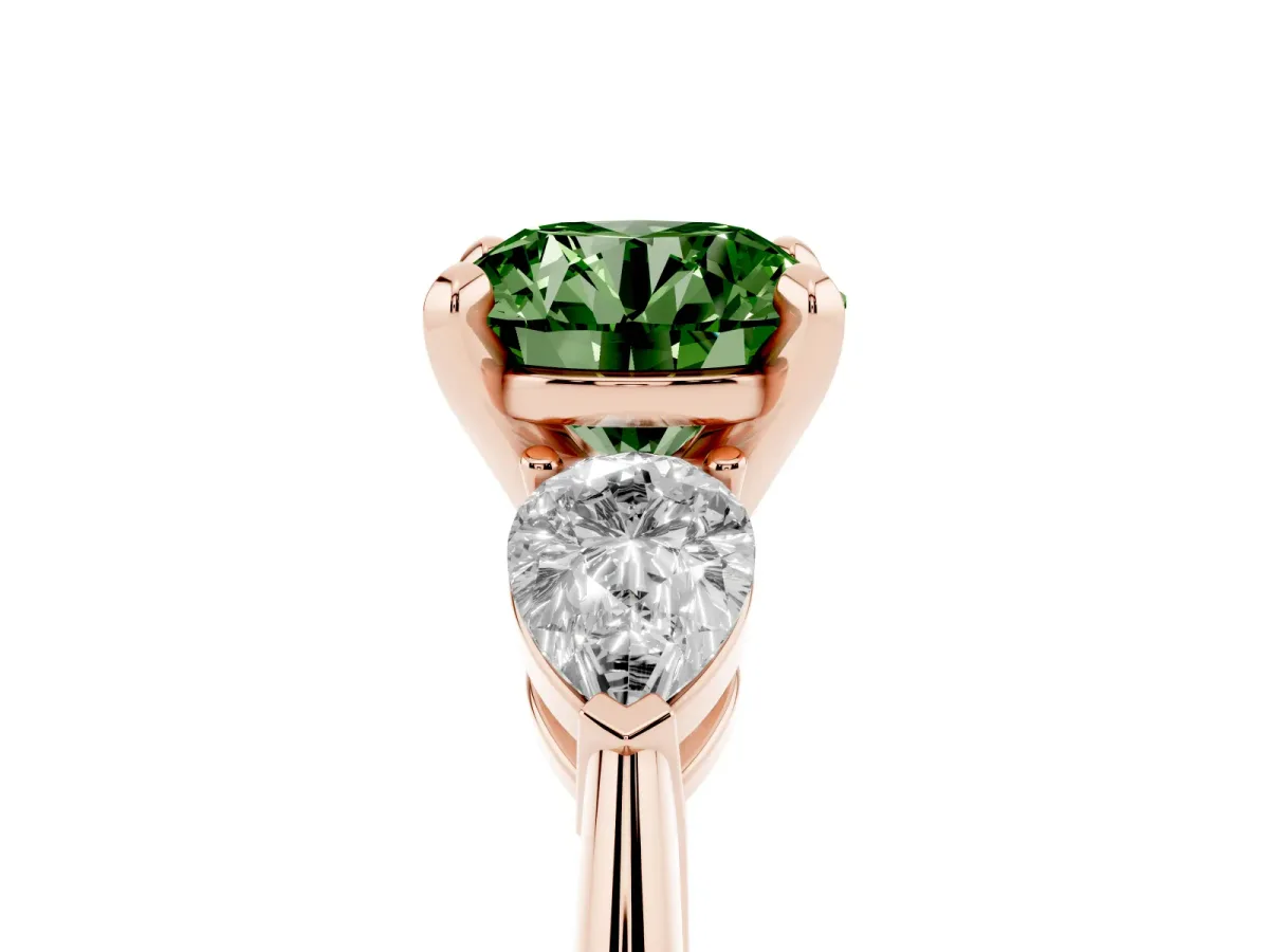 Fancy Green Three-Stone Round Cut Diamond Ring with Pear Side Stones and Four-Prong Setting Rose gold