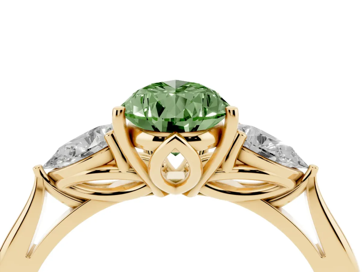 Fancy Green Three-Stone Pear Cut Brilliant Diamond Solitaire Ring with Tapered Band and Four-Prong Setting Yellow gold