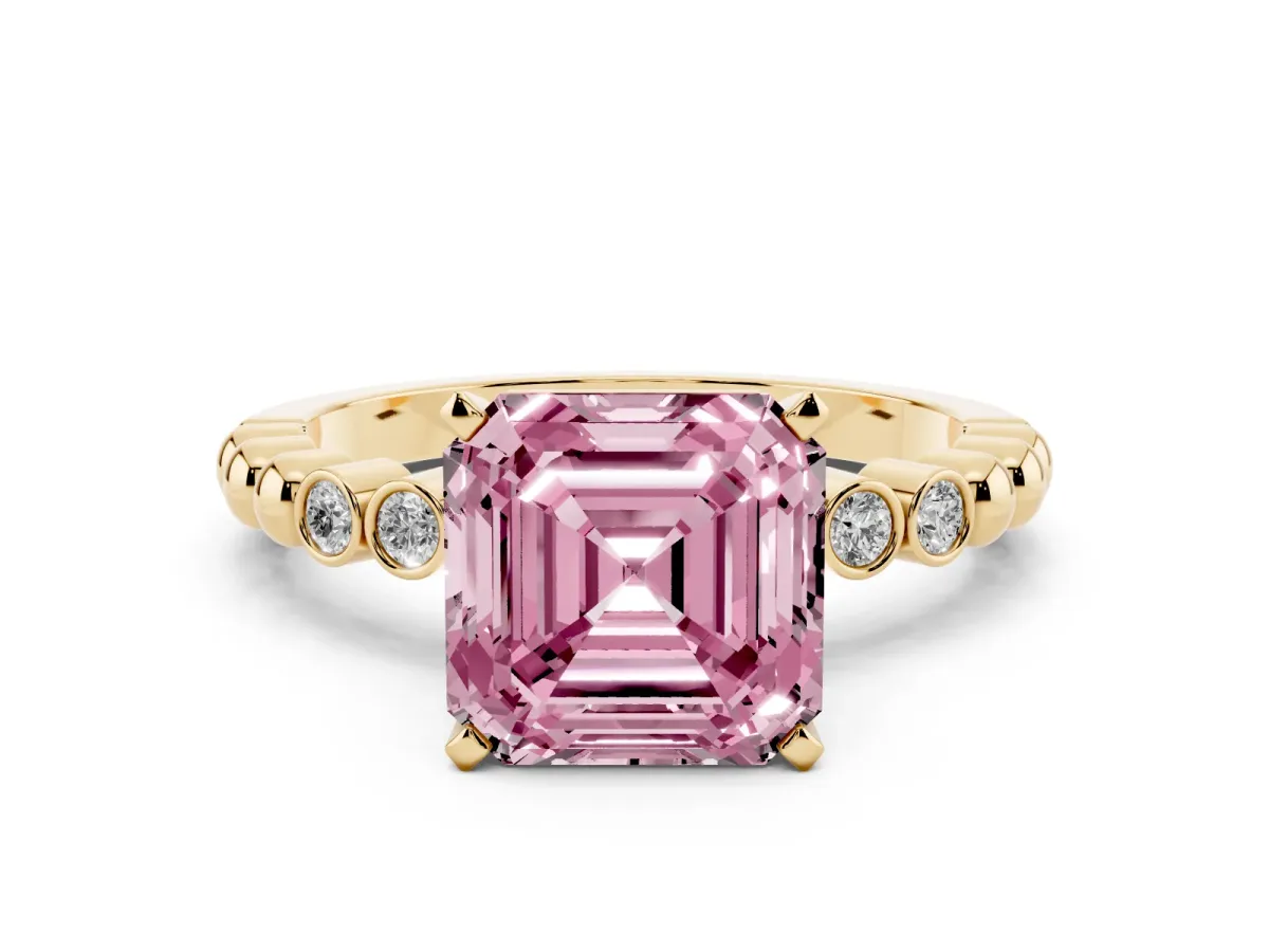 Fancy Pink Asscher Cut Solitaire Bezel Accent Diamond Engagement Ring with Beaded Band and Four-Prong Setting Yellow gold