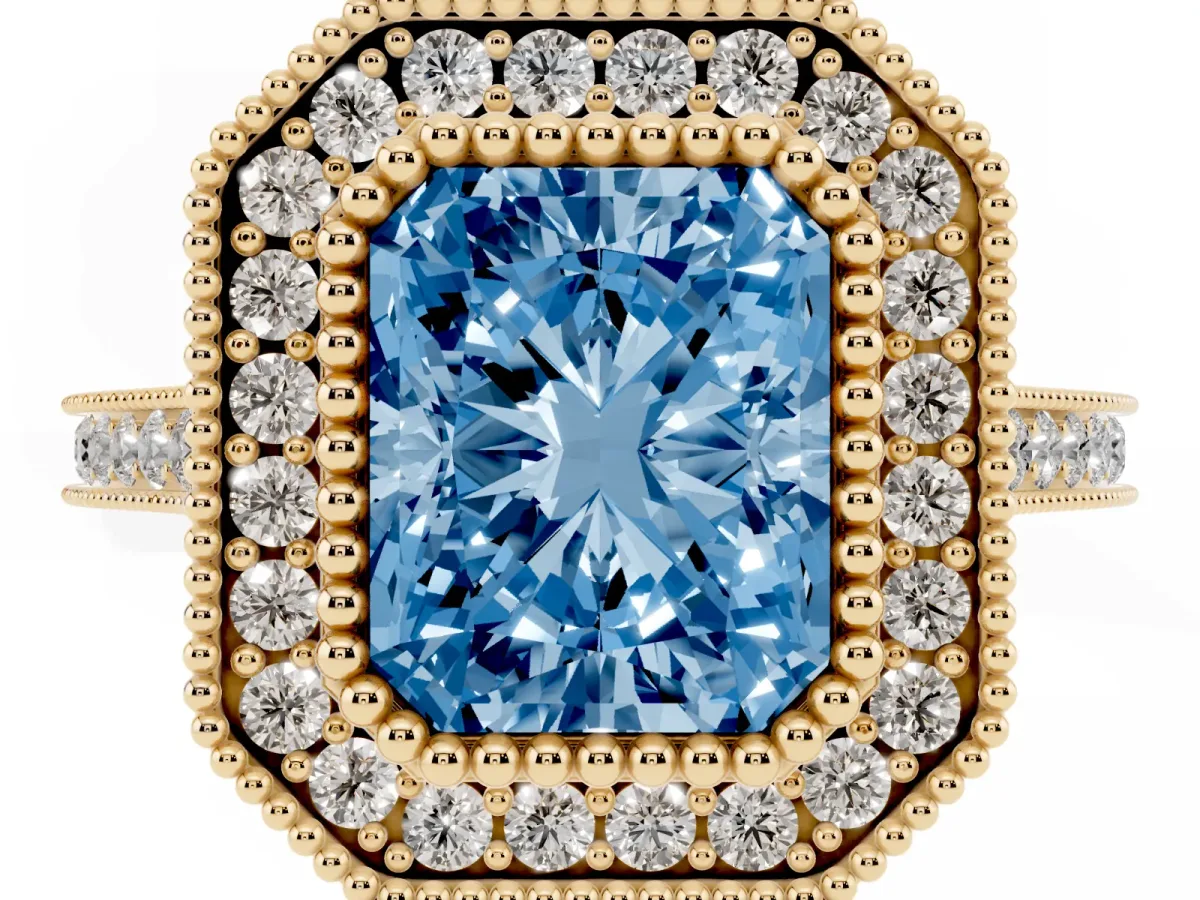 Fancy Blue Radiant Cut Diamond Halo Ring with Milgrain Frame and Pavé Band Yellow gold