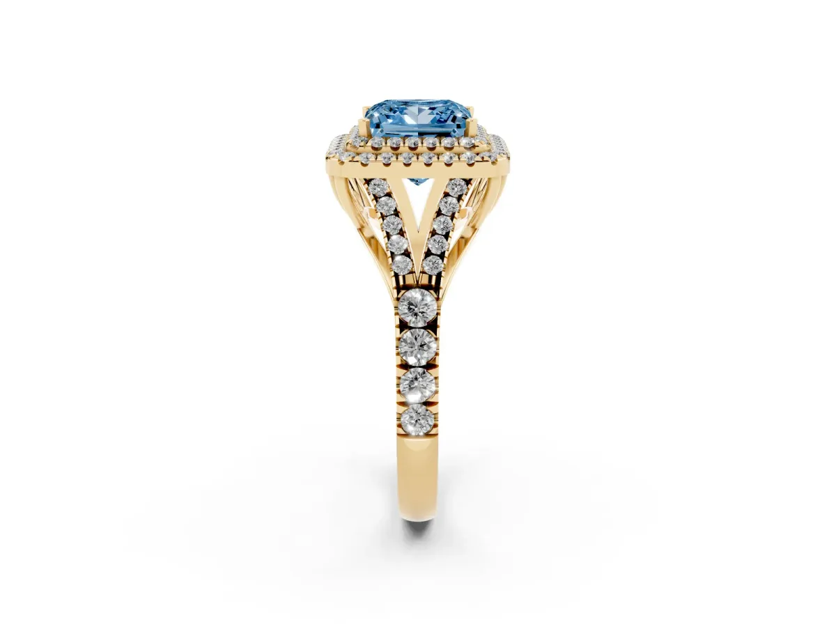 Fancy Blue Double Halo Princess Cut Diamond Split Shank Engagement Ring with Four-Prong Setting Yellow gold