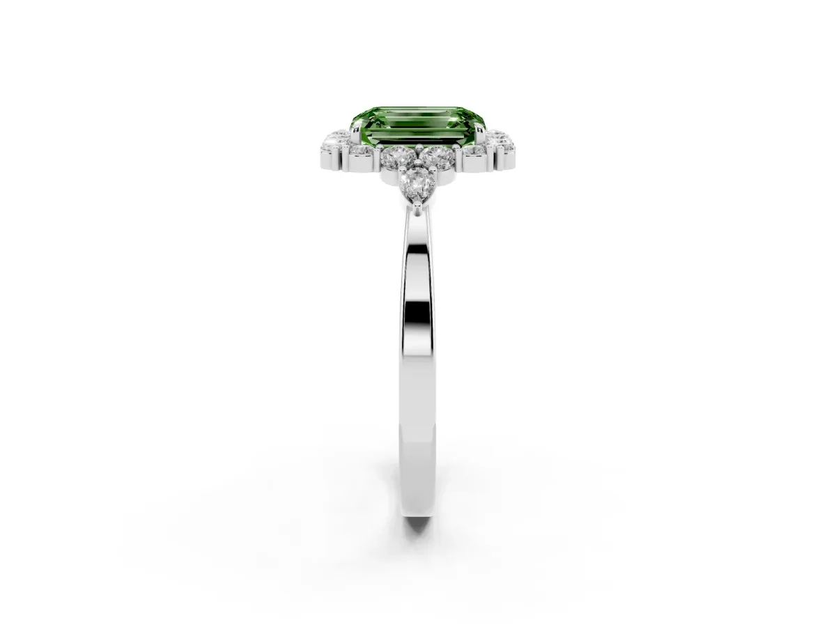 Fancy Green Emerald Cut Diamond Halo Ring with Pear Side Stones and Prong Setting Silver
