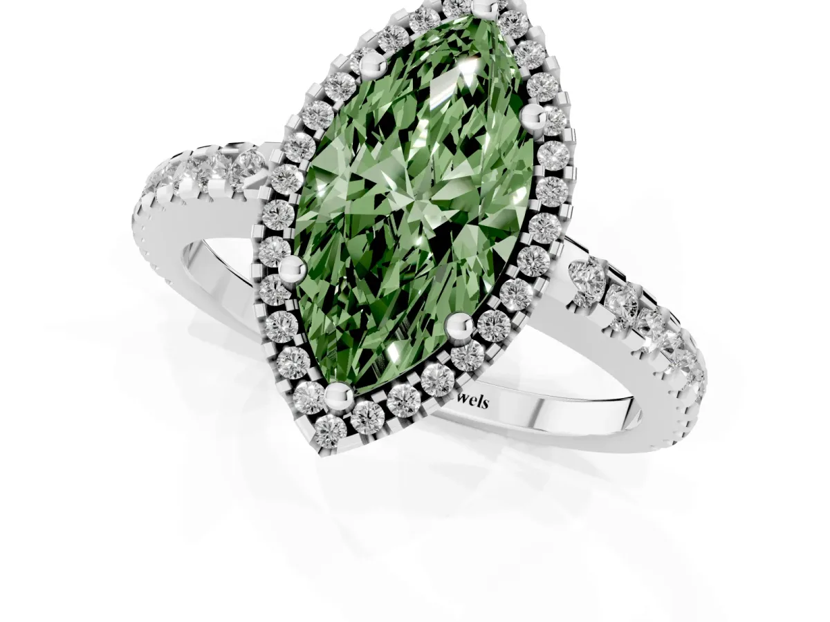 Fancy Green Marquise Cut Diamond Halo Engagement Ring with Pavé Band and Prong Setting Silver