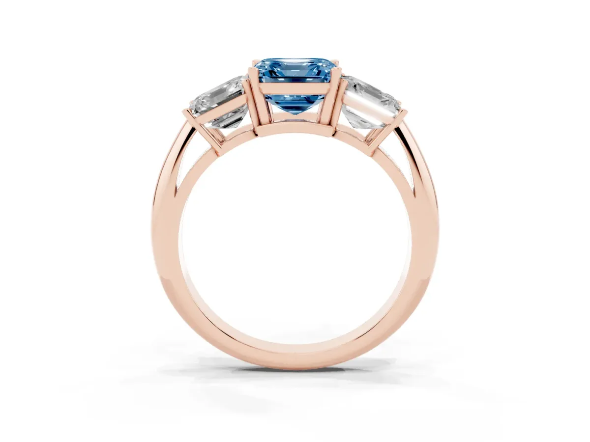Fancy Blue Three-Stone Asscher Cut Cut Diamond Engagement Ring with Prong Setting on a White Gold Band Rose gold