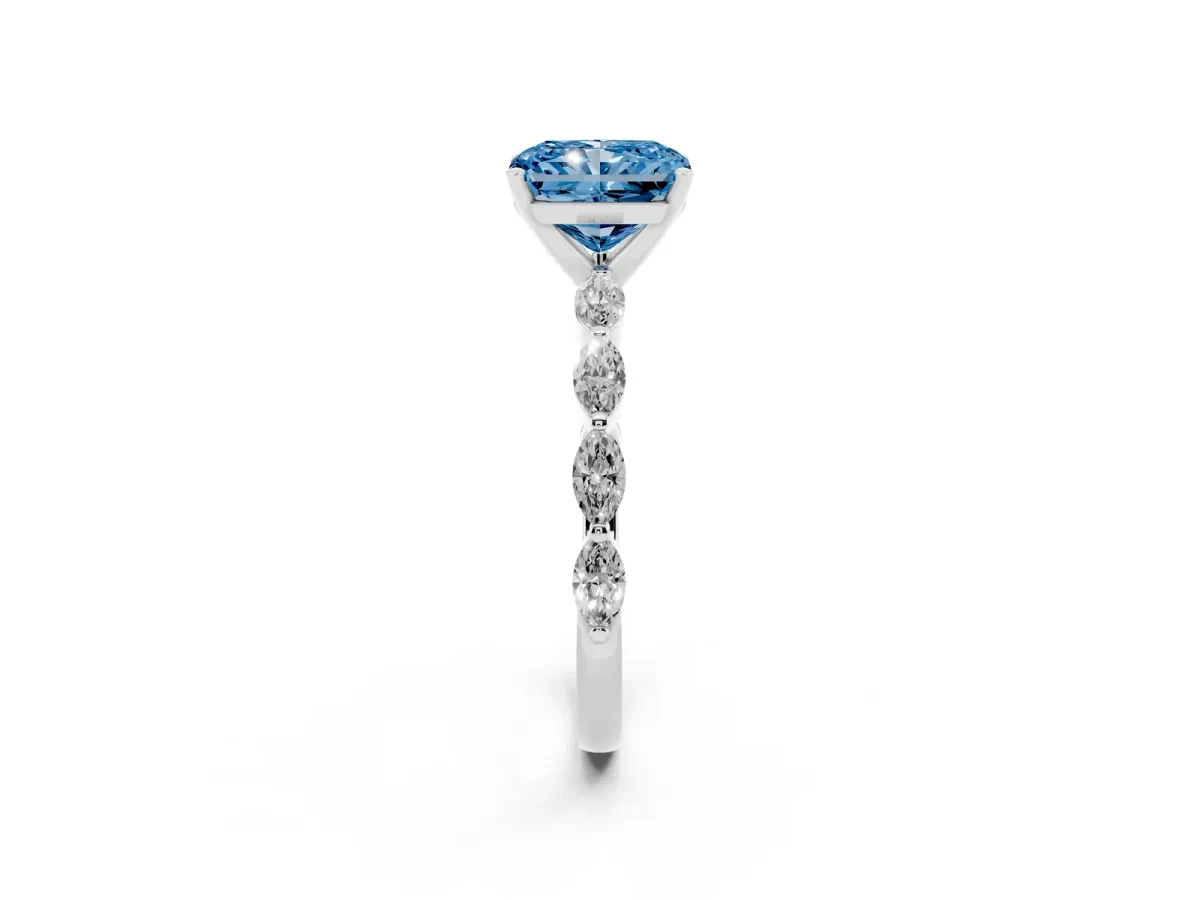 Fancy Blue Radiant Cut Diamond Ring with Marquise Side Stones and Prong Setting Platinum