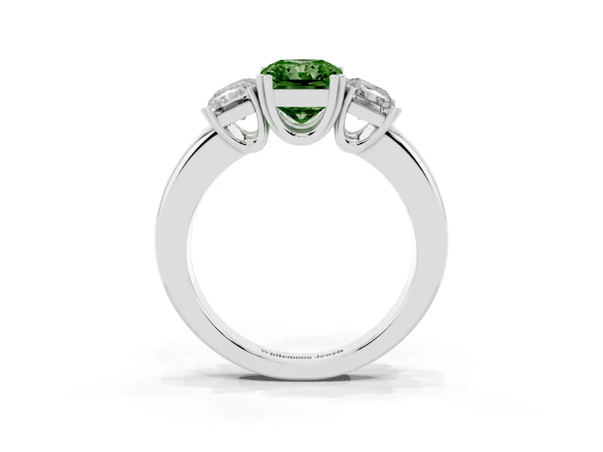 Fancy Green Three-Stone Radiant Cut Cut Diamond Ring with Channel Set Band and Four-Prong Setting White gold