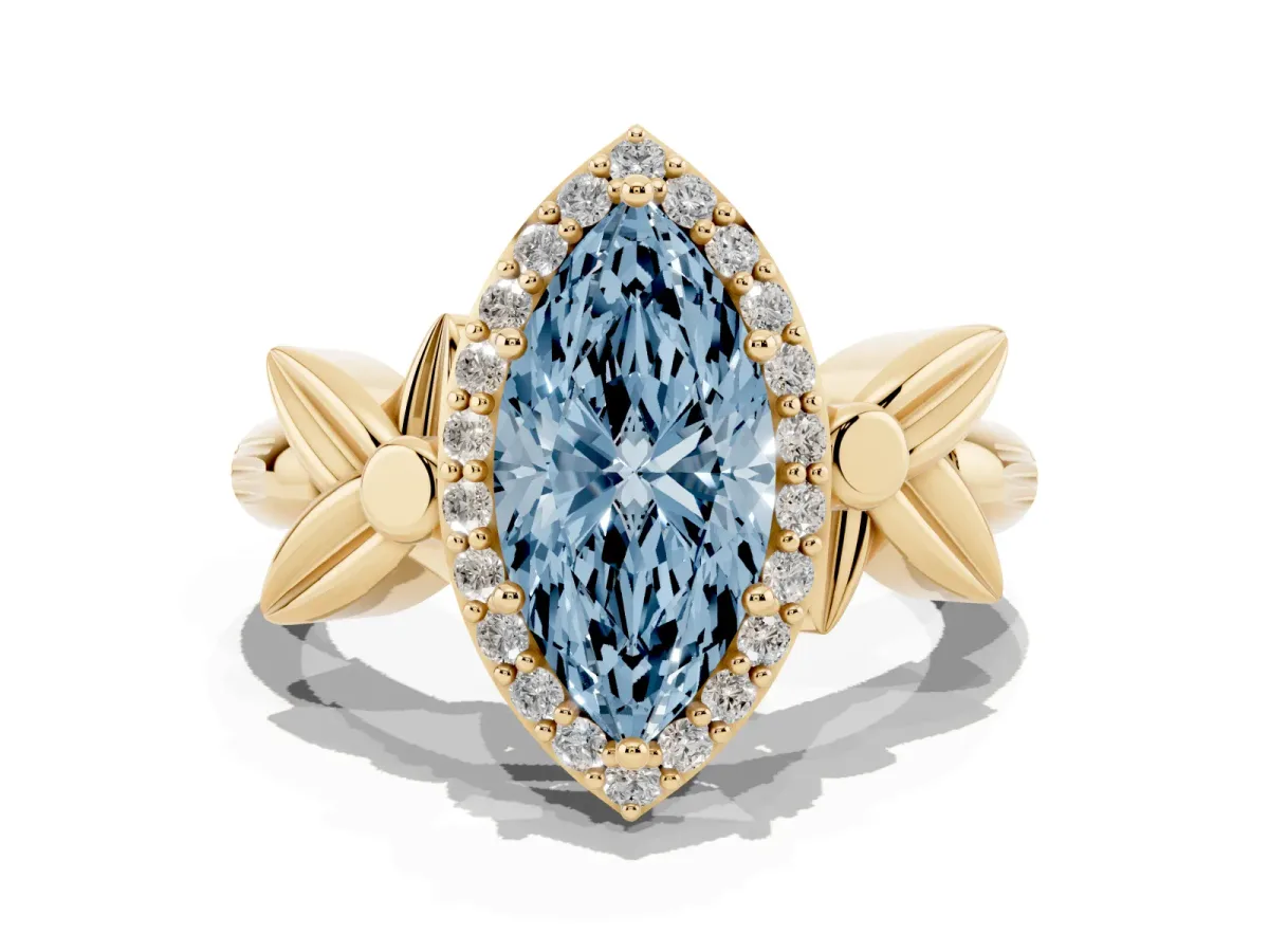 Fancy Blue Marquise Cut Halo Diamond Floral Band with Four-Prong Setting Yellow gold