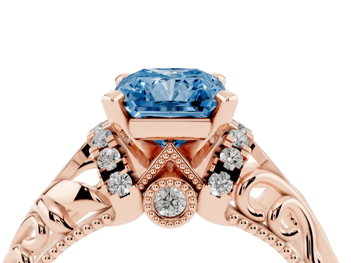 Fancy Blue Radiant Cut Solitaire Filigree Engagement Ring with Halo and Prong Setting Rose gold