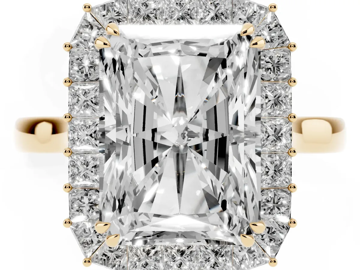 Radiant Diamond Baguette Halo Engagement Ring Yellow gold