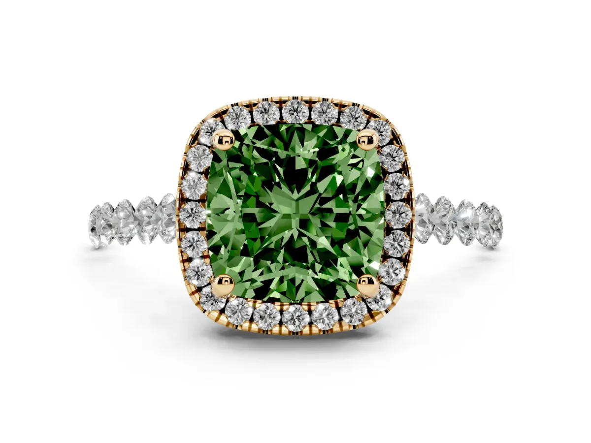 Fancy Green Cushion Cut Halo Pavé Diamond Engagement Ring with Four-Prong Setting Yellow gold