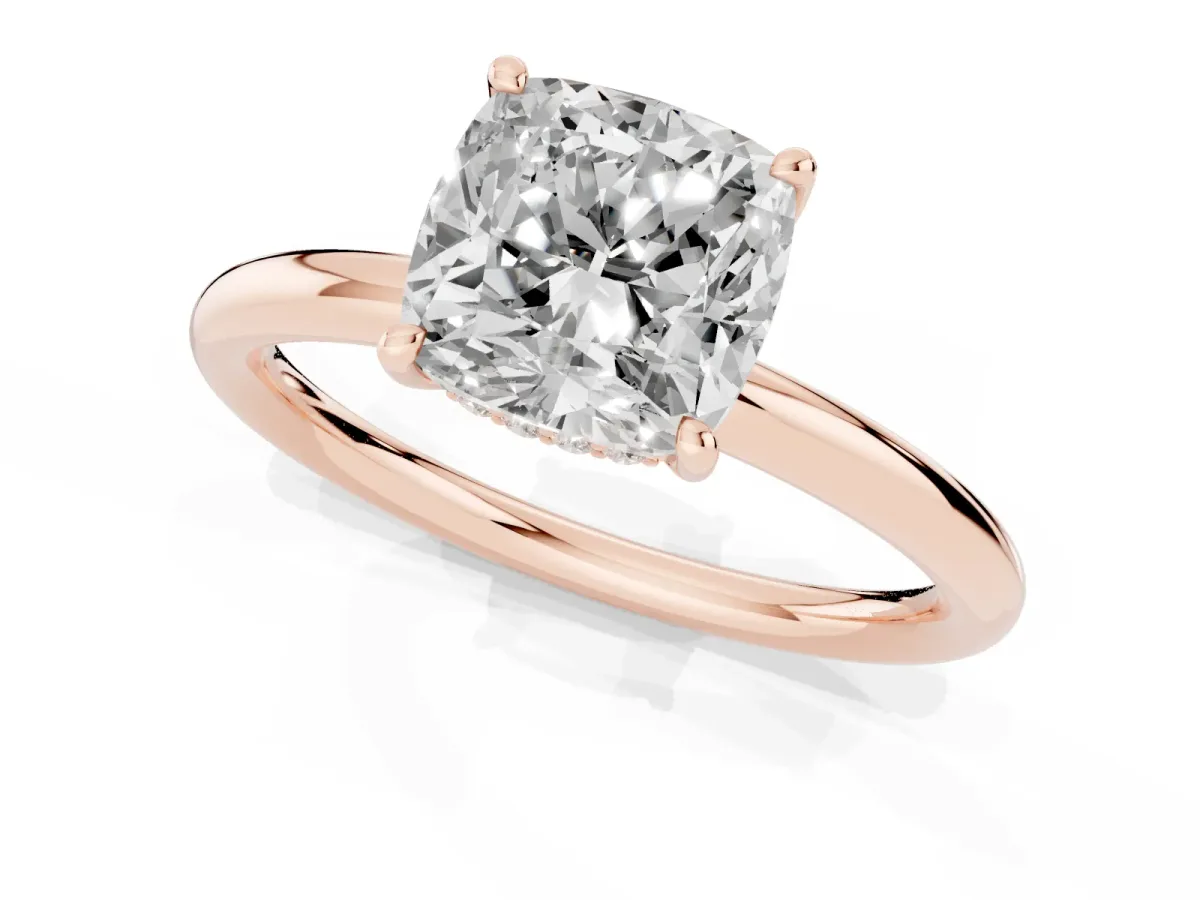 Cushion Cut Diamond Solitaire Ring with Thin Band and Four-Prong Setting Rose gold