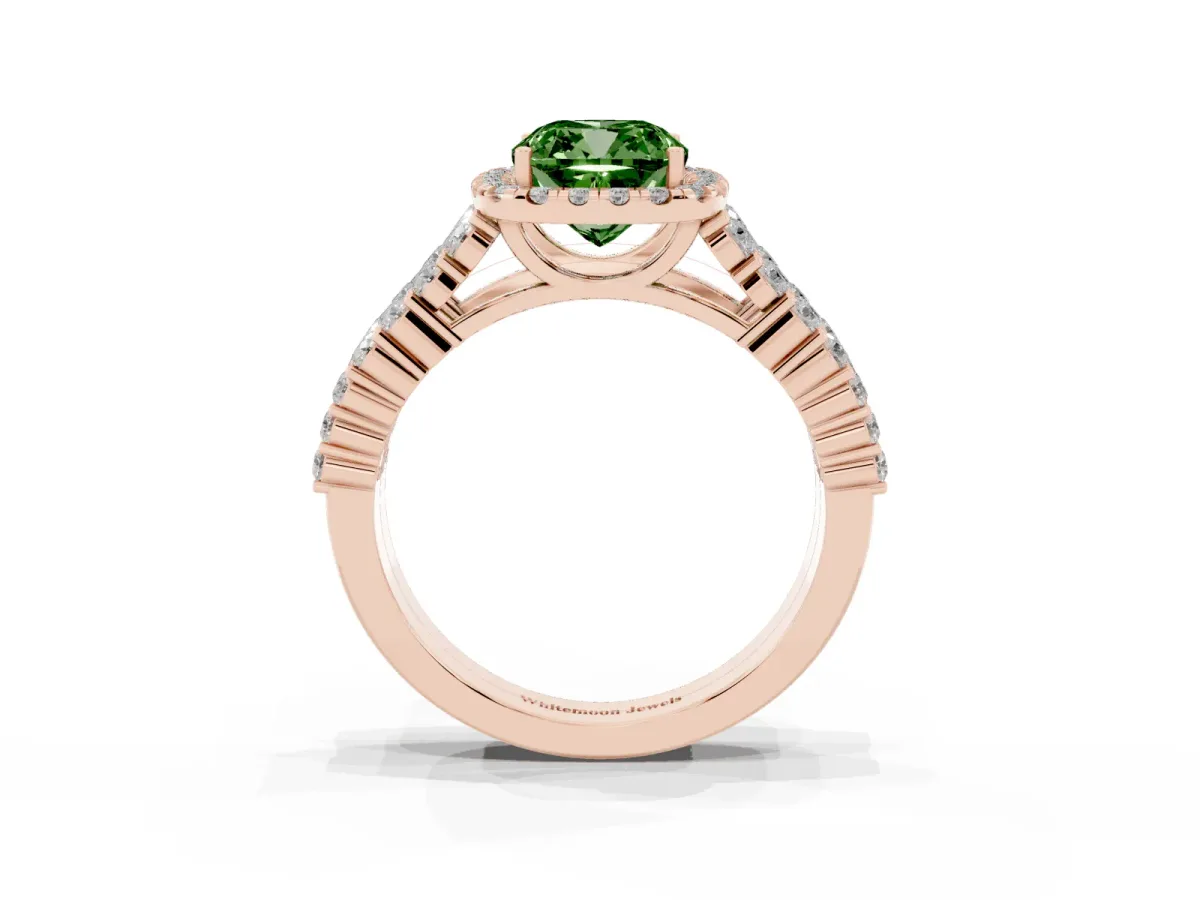 Fancy Green Cushion Cut Diamond Halo Engagement Ring with Triple Row Round Pavé Band and Prong Setting Rose gold
