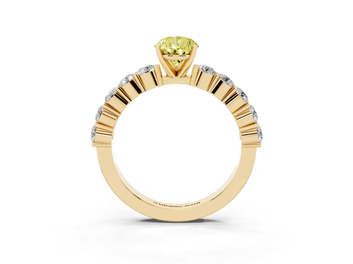 Fancy Yellow Pear Cut Diamond Solitaire Ring with Shared Prong Round Side Stones Yellow gold