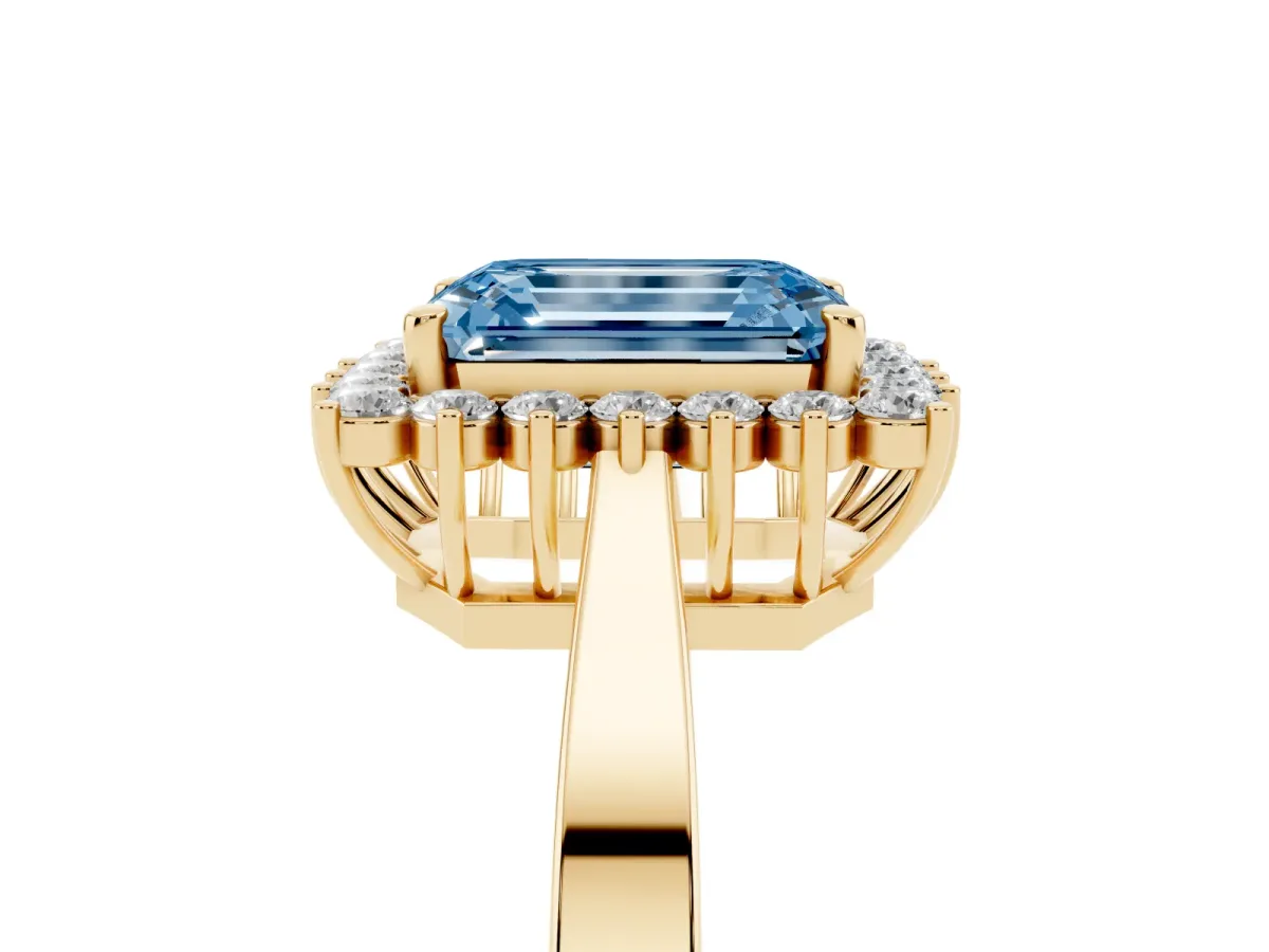 Fancy Blue Emerald Cut Cut Diamond Halo Ring with Round Brilliant Halo and Solitaire Band Yellow gold