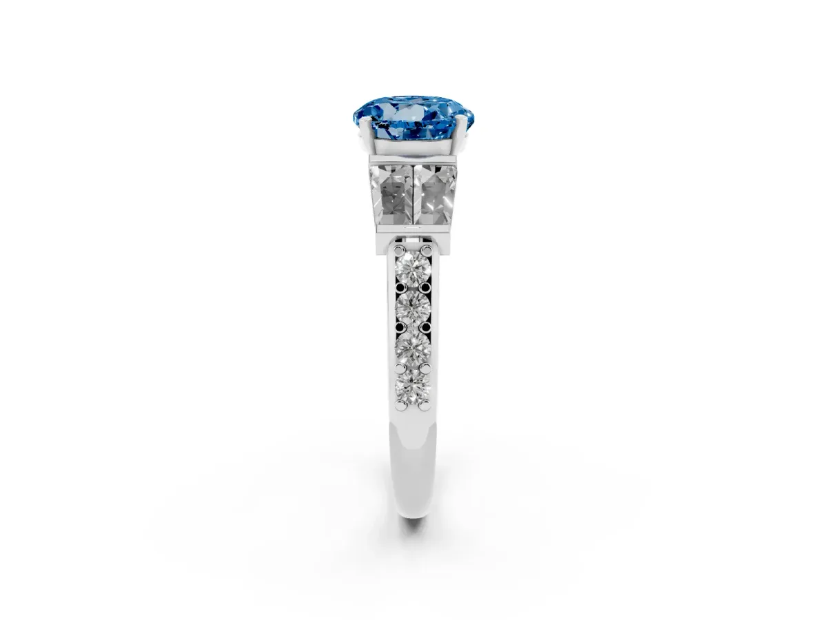 Fancy Blue Round Cut Diamond Engagement Ring with Baguette Side Stones and Channel Set Band White gold