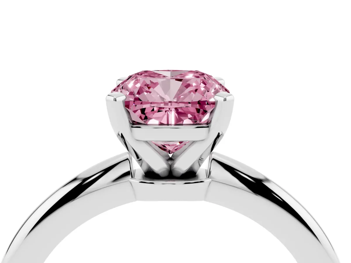 Fancy Pink Cushion Cut Diamond Solitaire Ring with Prong Setting and Classic Band Silver