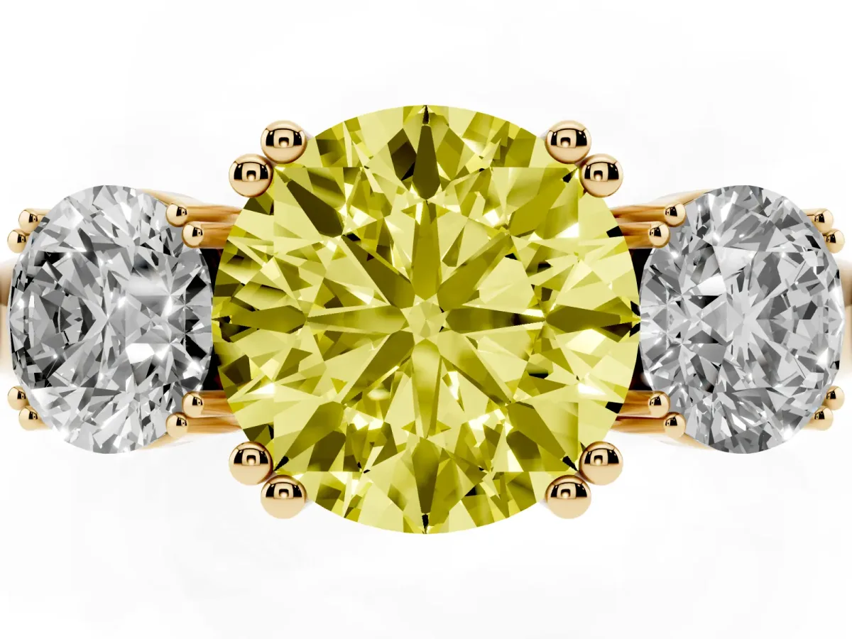 Fancy Yellow Three-Stone Round Cut Cut Diamond Ring with Channel Set Band and Four-Prong Setting Yellow gold