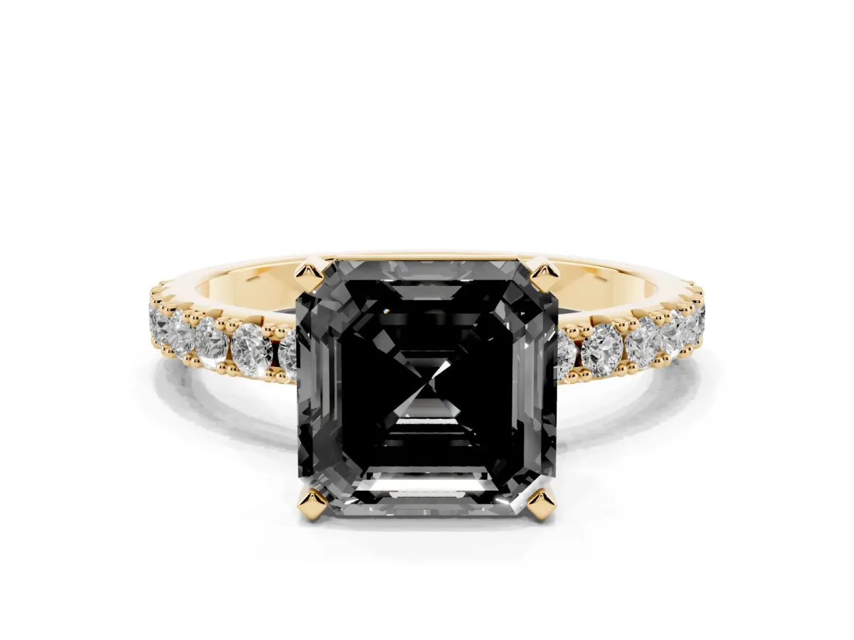 Fancy Black Asscher Cut Diamond Solitaire Pavé Band with Four-Prong Setting Yellow gold