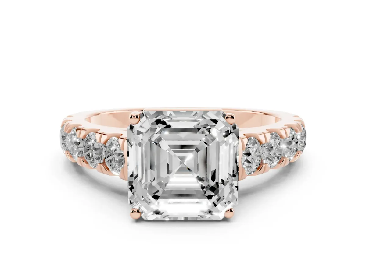 Asscher Cut Cut Diamond Solitaire Ring with Micro Pave Band and Prong Setting Rose gold
