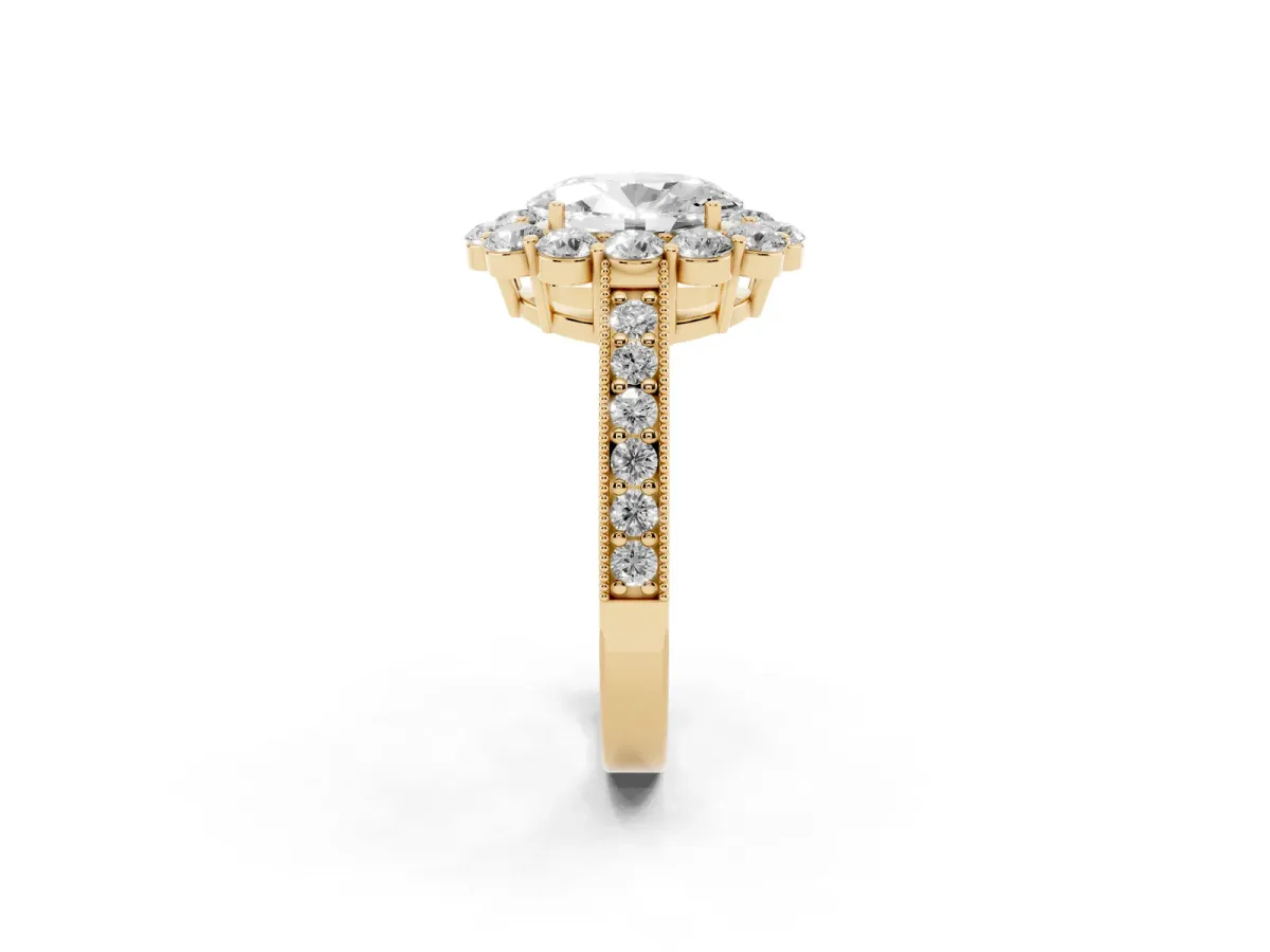Oval Cut Cut Halo Diamond Pavé Engagement Ring with Milgrain Detailing Yellow gold