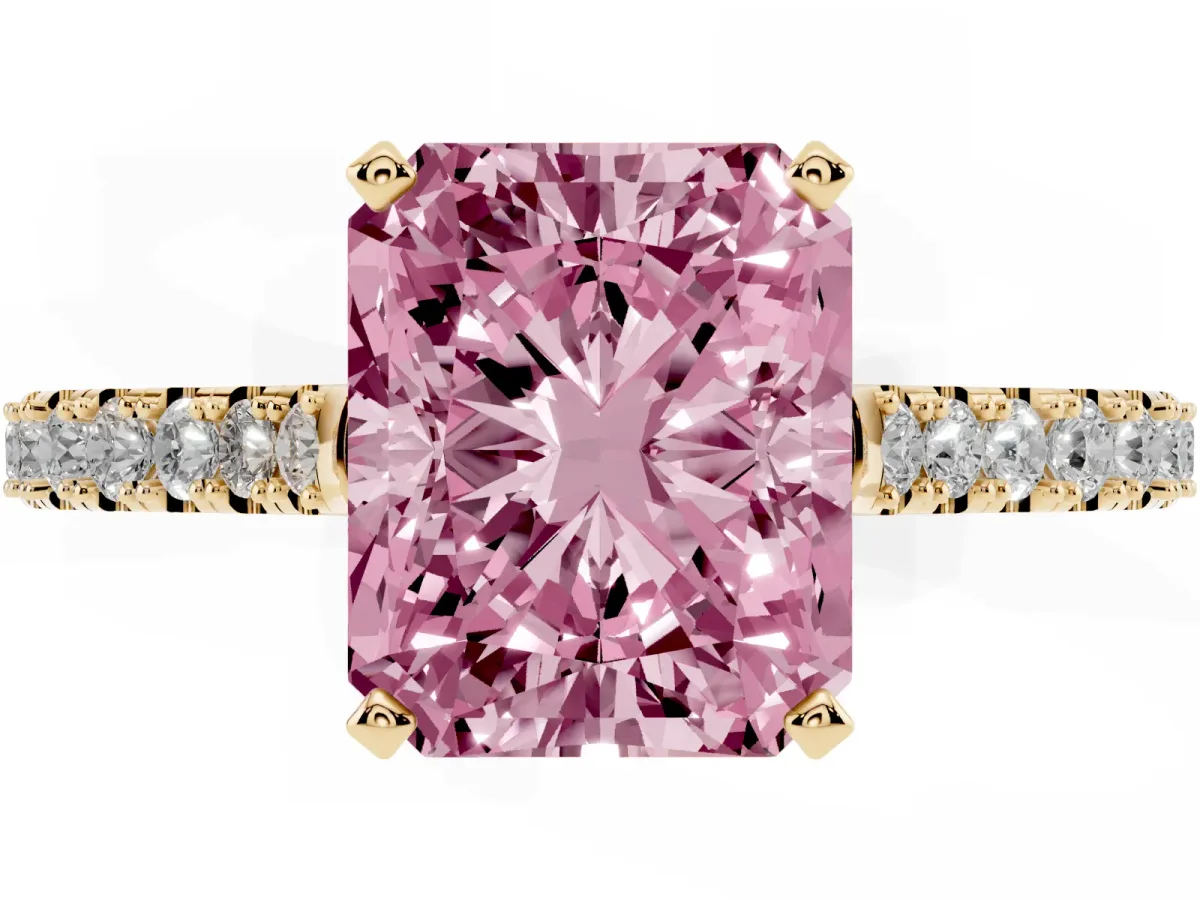 Fancy Pink Radiant Cut Cut Solitaire Diamond Engagement Ring with Pave Band and Four-Prong Setting Yellow gold