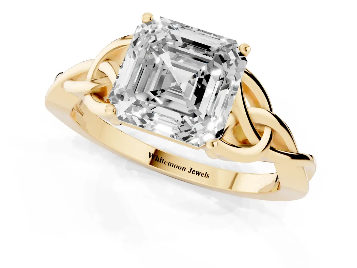 Asscher Cut Diamond Solitaire Engagement Ring with Celtic Knot Band and Four-Prong Setting Yellow gold